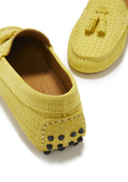 Hugs & Co Womens Tasselled Driving Loafers Yellow Embossed Suede