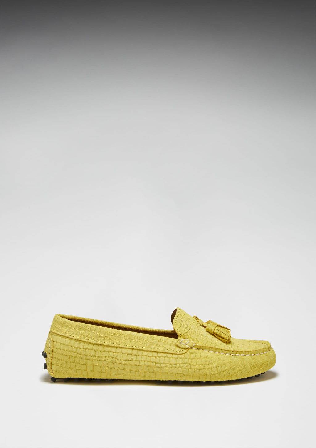 Hugs & Co Womens Tasselled Driving Loafers Yellow Embossed Suede