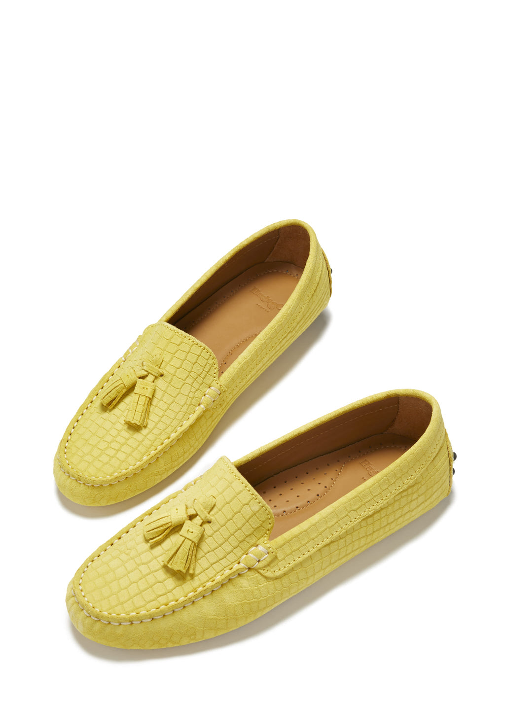 Hugs & Co Womens Tasselled Driving Loafers Yellow Embossed Suede