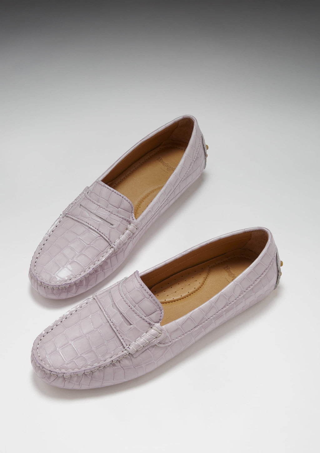 Hugs & Co Womens Penny Driving Loafers Lilac Croc Print Patent Leather