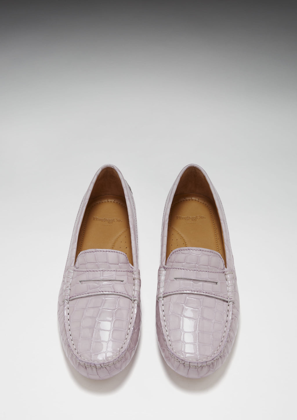 Hugs & Co Womens Penny Driving Loafers Lilac Croc Print Patent Leather