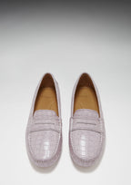 Hugs & Co Womens Penny Driving Loafers Lilac Croc Print Patent Leather