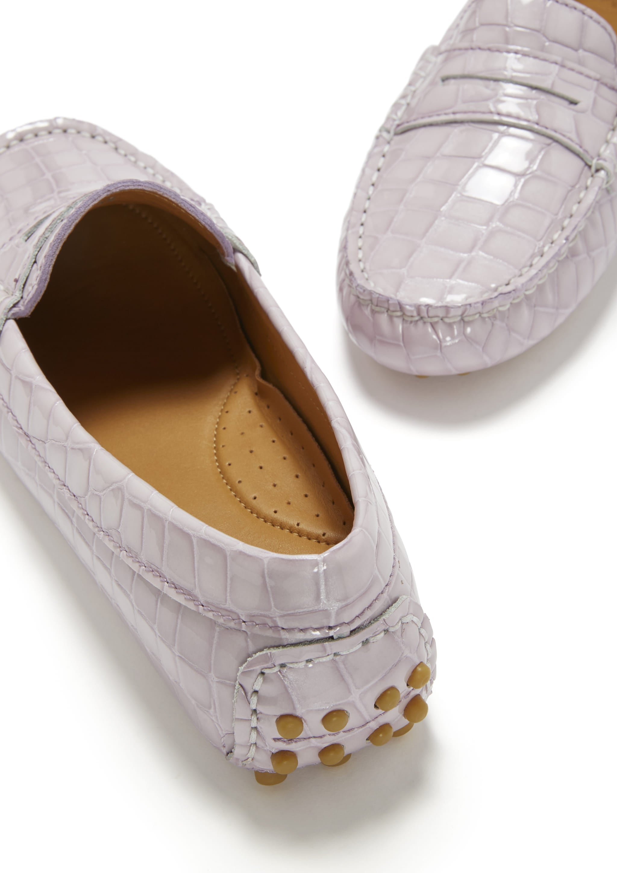 Hugs & Co Womens Penny Driving Loafers Lilac Croc Print Patent Leather