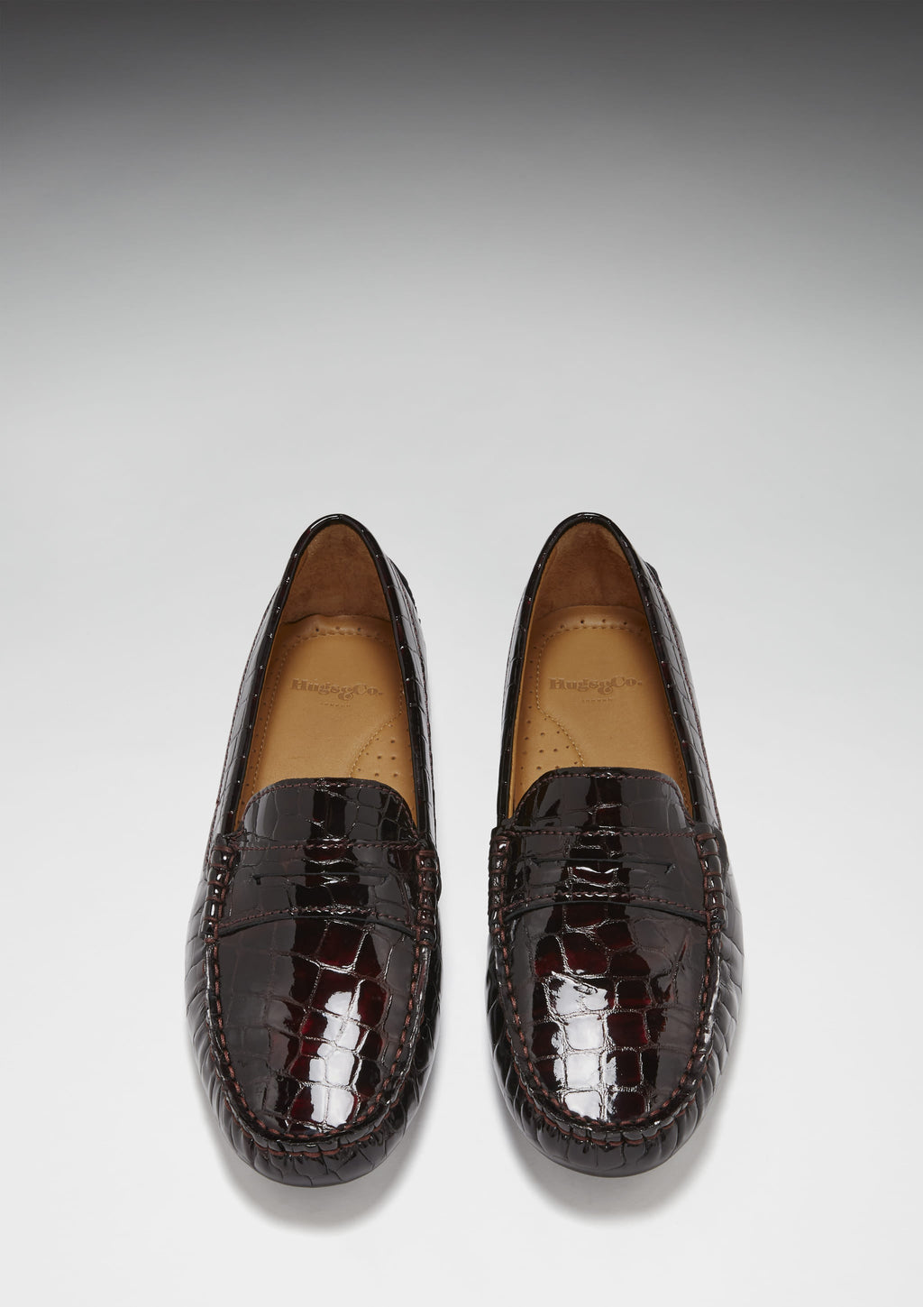 Hugs & Co Womens Penny Driving Loafers Brown Croc Print Patent Leather