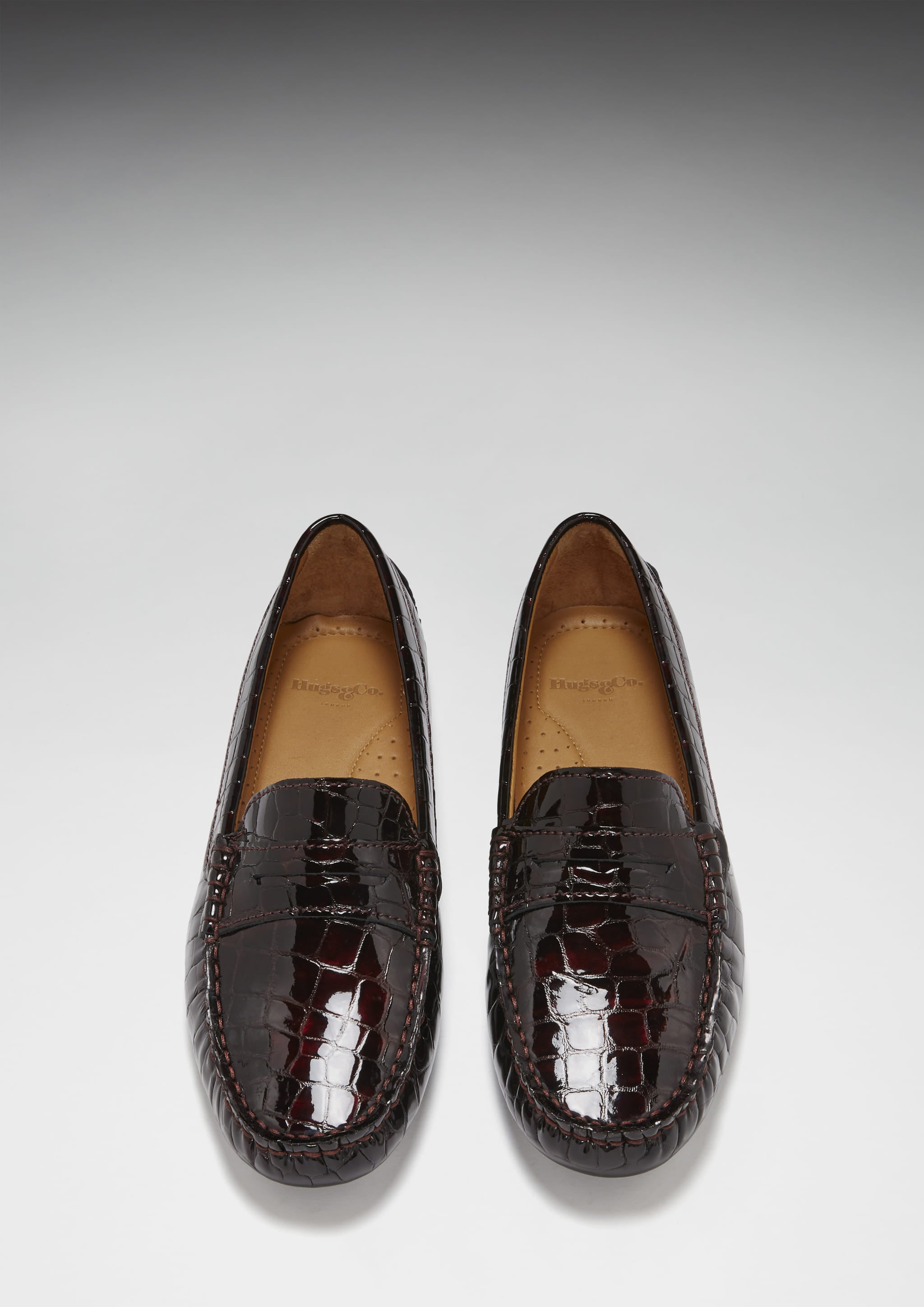 Hugs & Co Womens Penny Driving Loafers Brown Croc Print Patent Leather