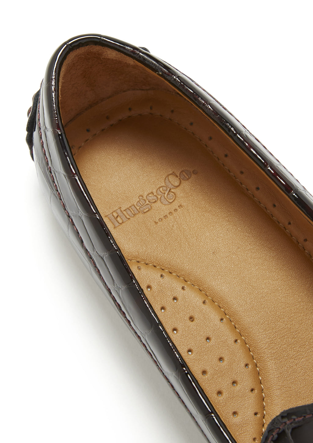 Hugs & Co Womens Penny Driving Loafers Brown Croc Print Patent Leather