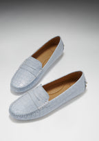 Hugs & Co Womens Penny Driving Loafers Powder Blue Print Patent Leather