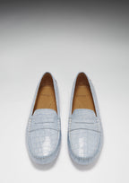 Hugs & Co Womens Penny Driving Loafers Powder Blue Print Patent Leather
