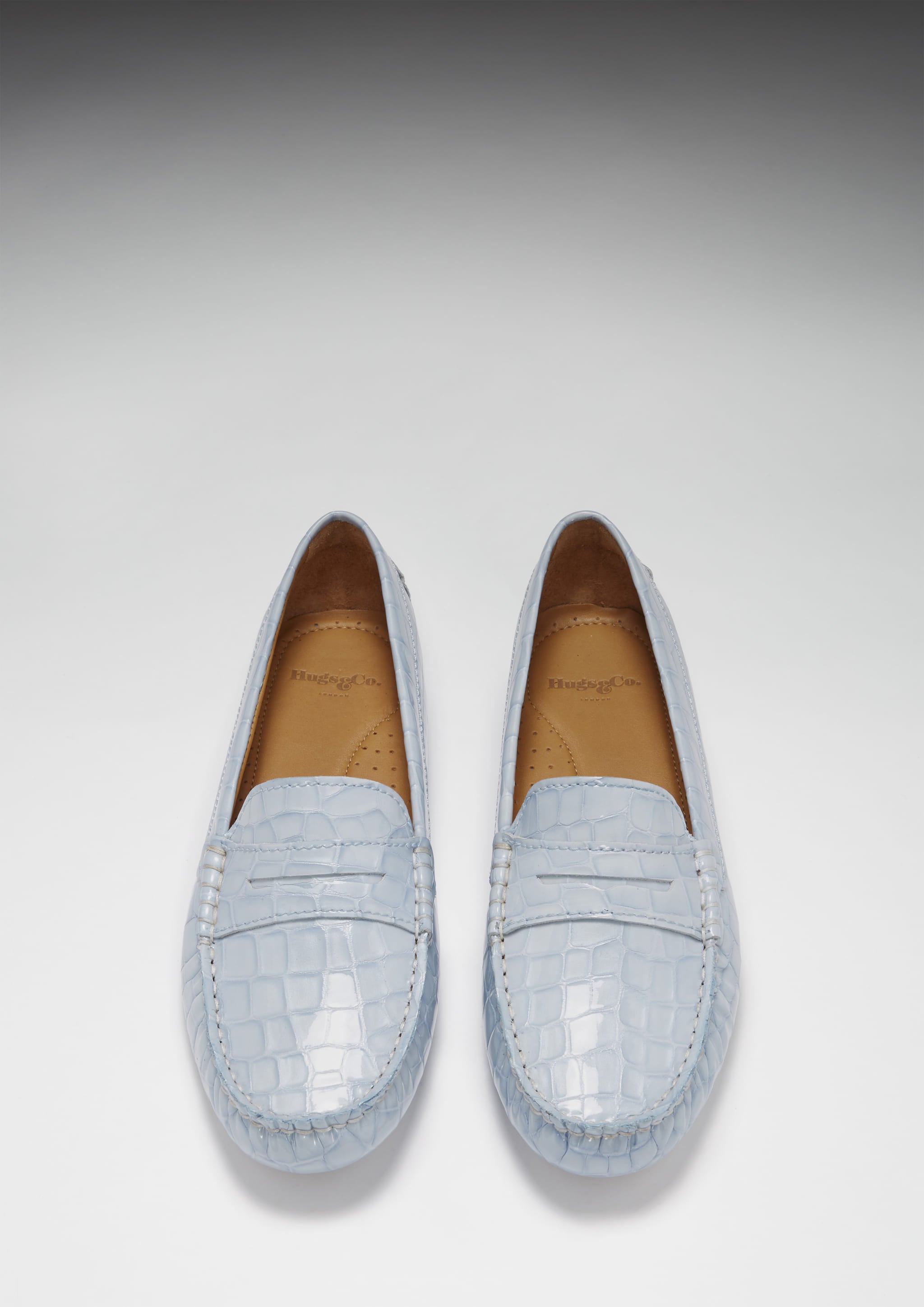 Hugs & Co Womens Penny Driving Loafers Powder Blue Print Patent Leather
