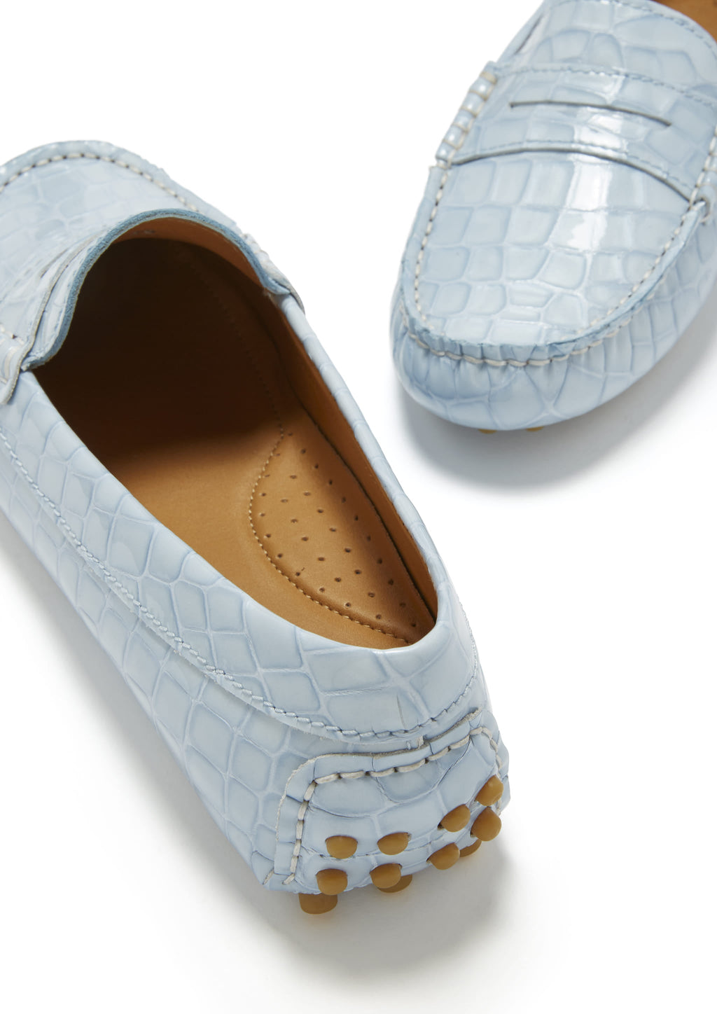 Hugs & Co Womens Penny Driving Loafers Powder Blue Print Patent Leather
