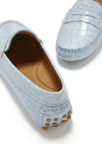 Hugs & Co Womens Penny Driving Loafers Powder Blue Print Patent Leather