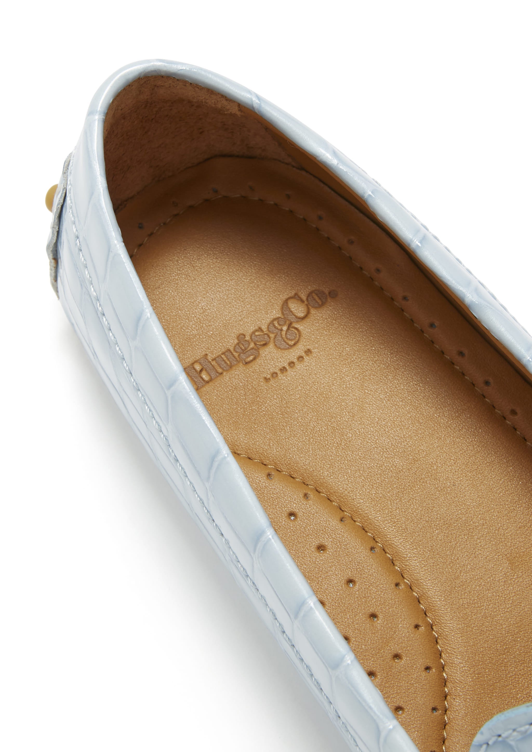 Hugs & Co Womens Penny Driving Loafers Powder Blue Print Patent Leather