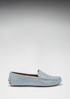Hugs & Co Womens Penny Driving Loafers Powder Blue Print Patent Leather