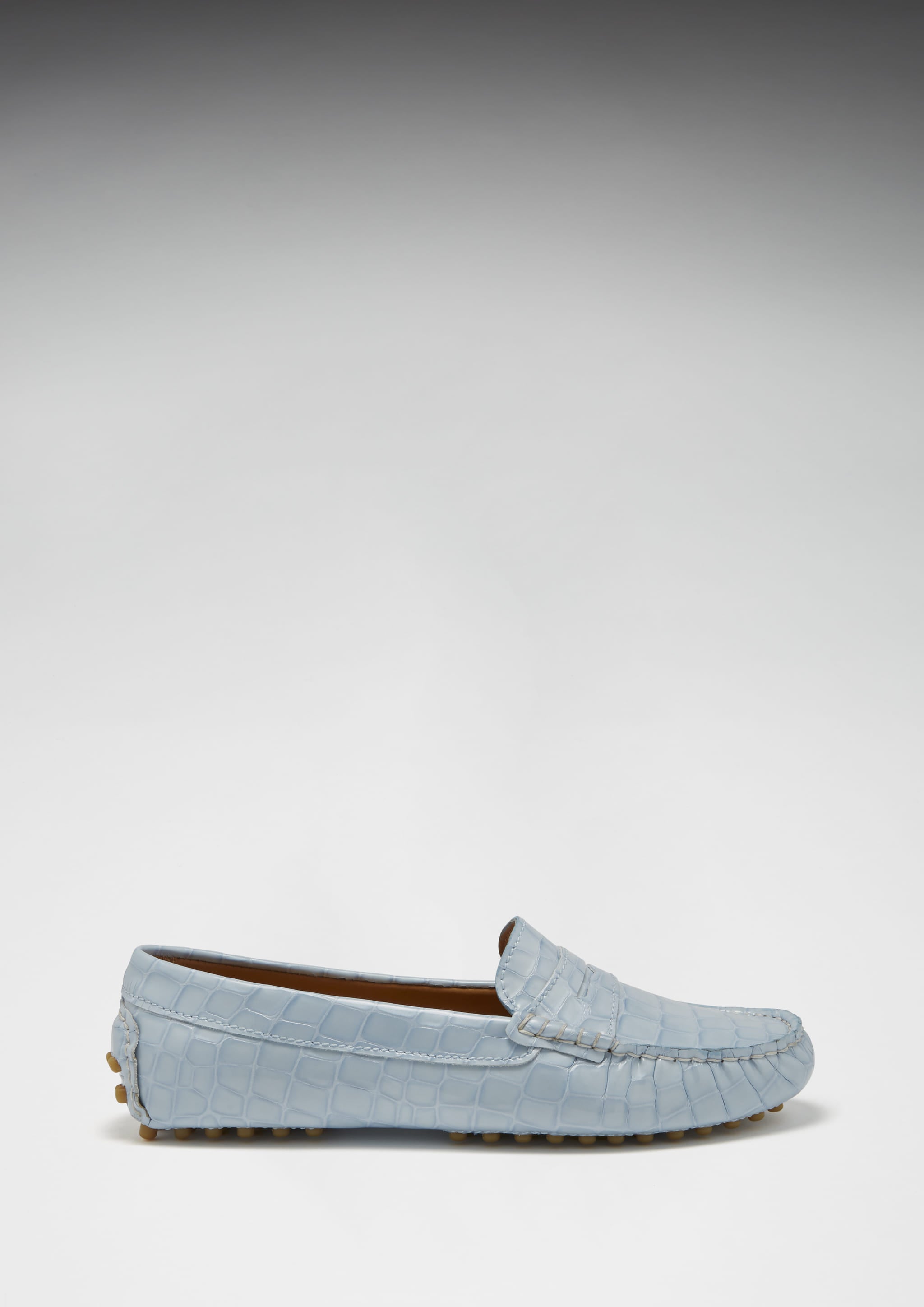 Hugs & Co Womens Penny Driving Loafers Powder Blue Print Patent Leather