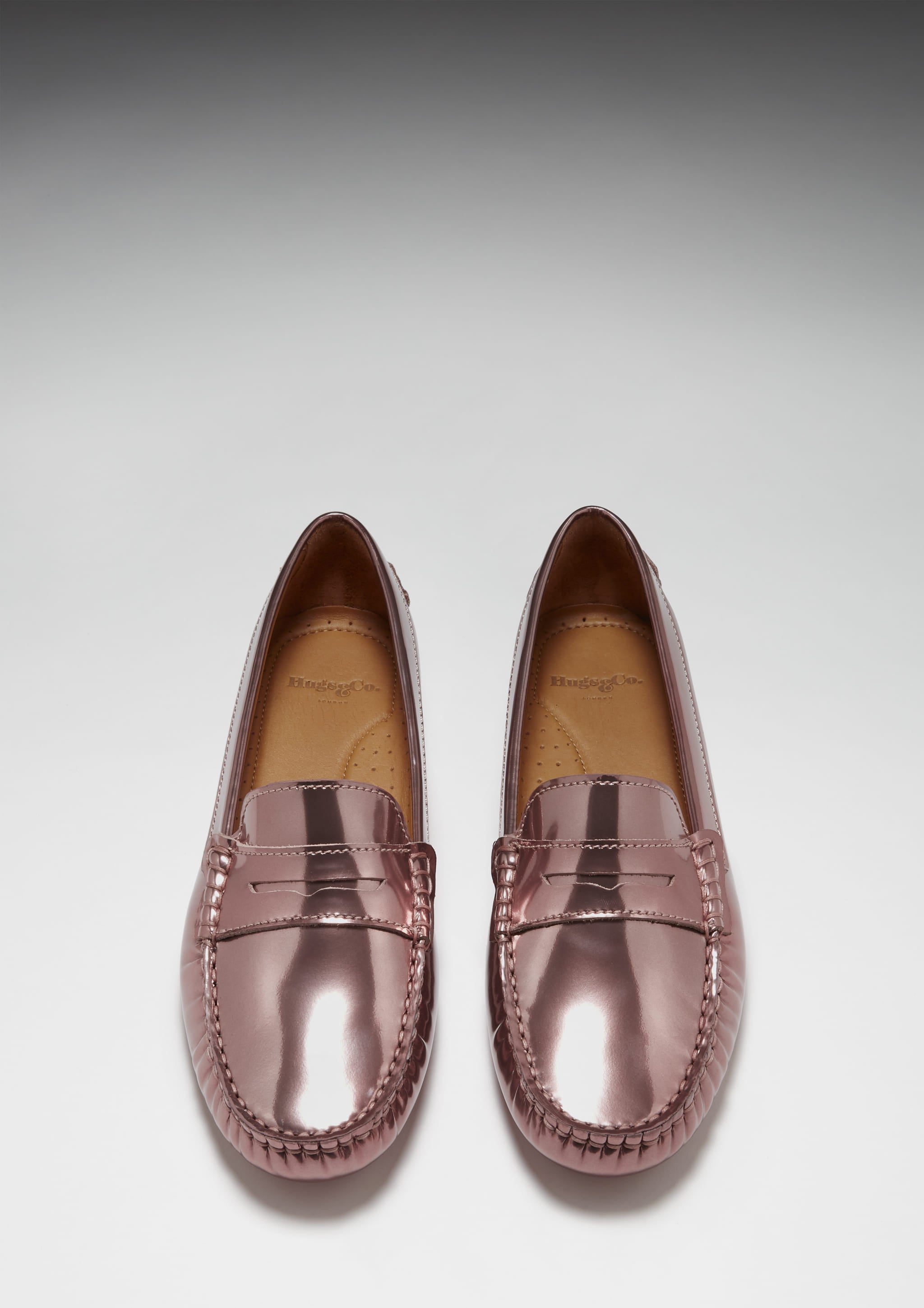 Hugs & Co Womens Penny Driving Loafers Rose Gold Patent Leather