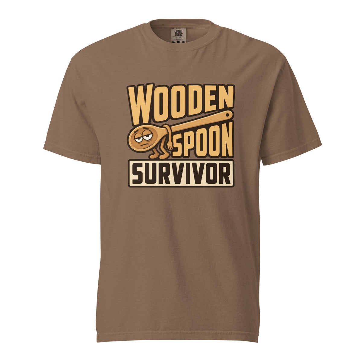 Front view of an Espresso T-shirt featuring a tired cartoon wooden spoon with arms and legs beneath the words “WOODEN SPOON SURVIVOR.”
