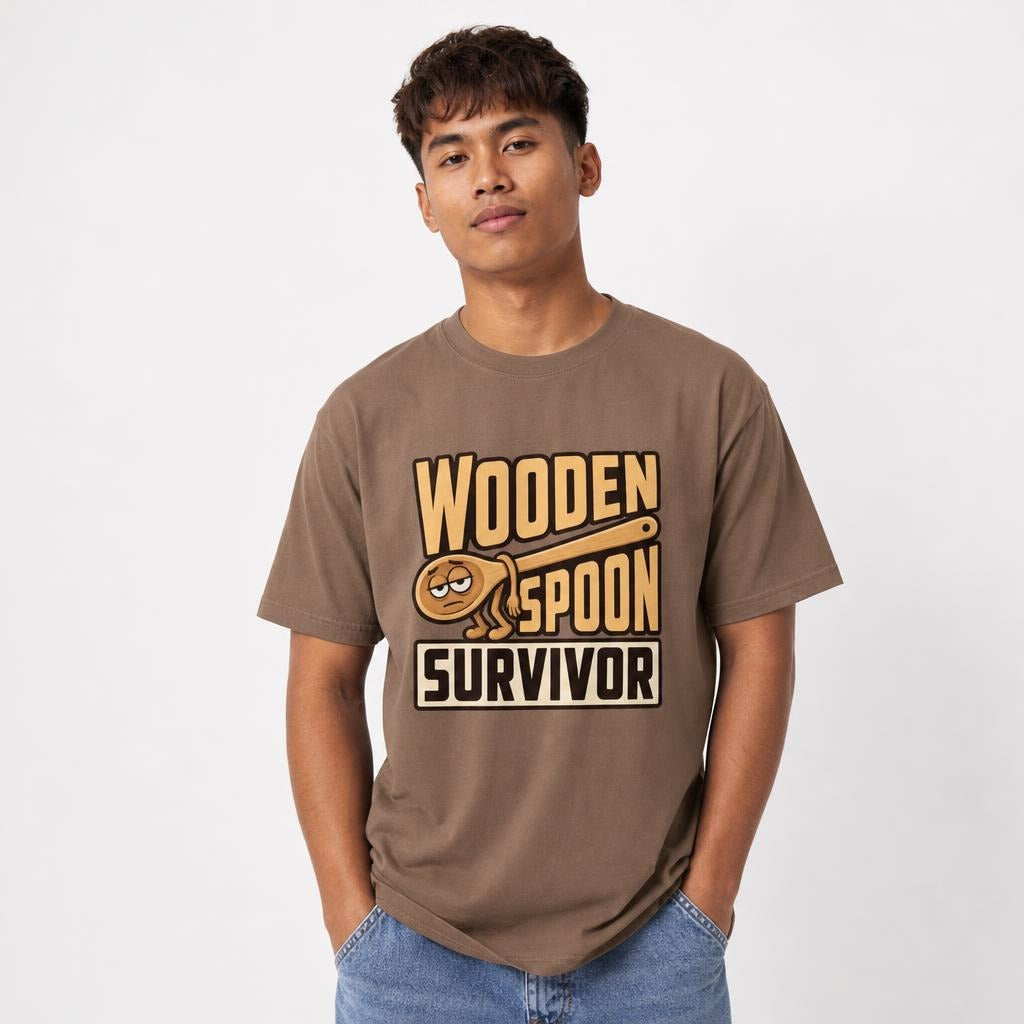 Front view of a model wearing an Espresso T-shirt with a tired cartoon wooden spoon and the words “WOODEN SPOON SURVIVOR.”