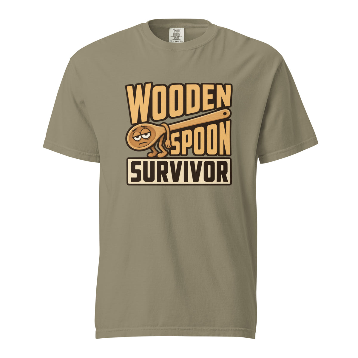 Front view of a Sandstone T-shirt with a cartoon wooden spoon character and the words “WOODEN SPOON SURVIVOR.”