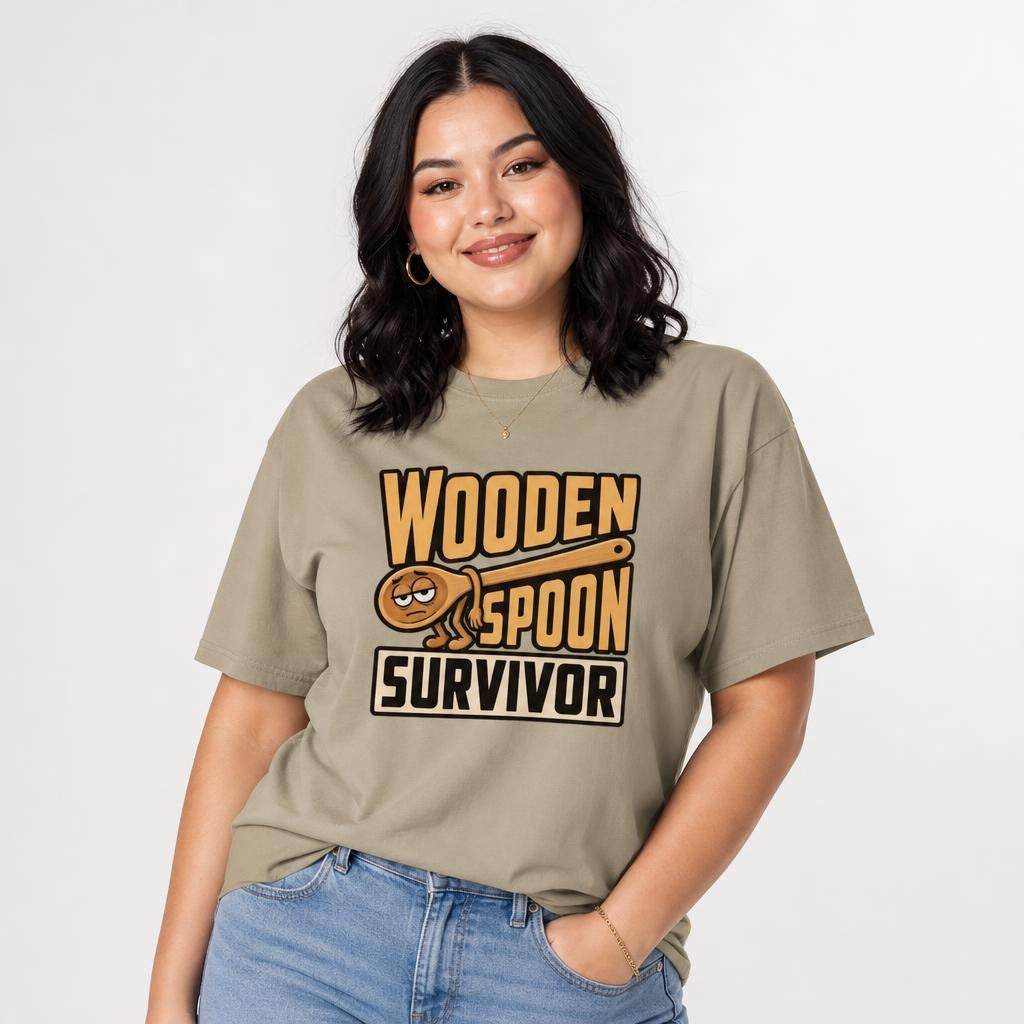 Model wearing a Sandstone T-shirt featuring a tired cartoon wooden spoon with arms and legs beside the words “WOODEN SPOON SURVIVOR.”