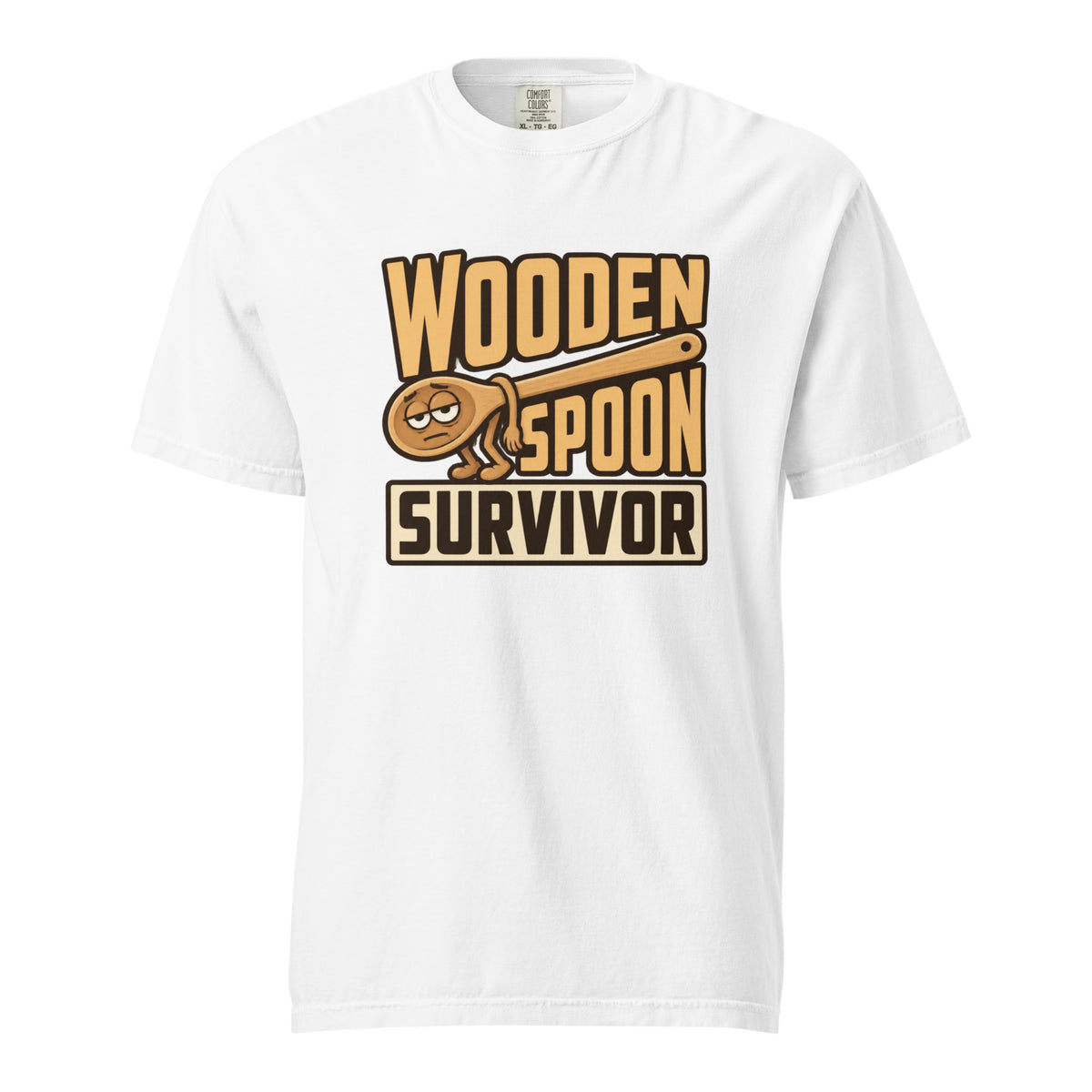 Front view of a white T-shirt with a cartoon wooden spoon character and the humorous text “WOODEN SPOON SURVIVOR.”