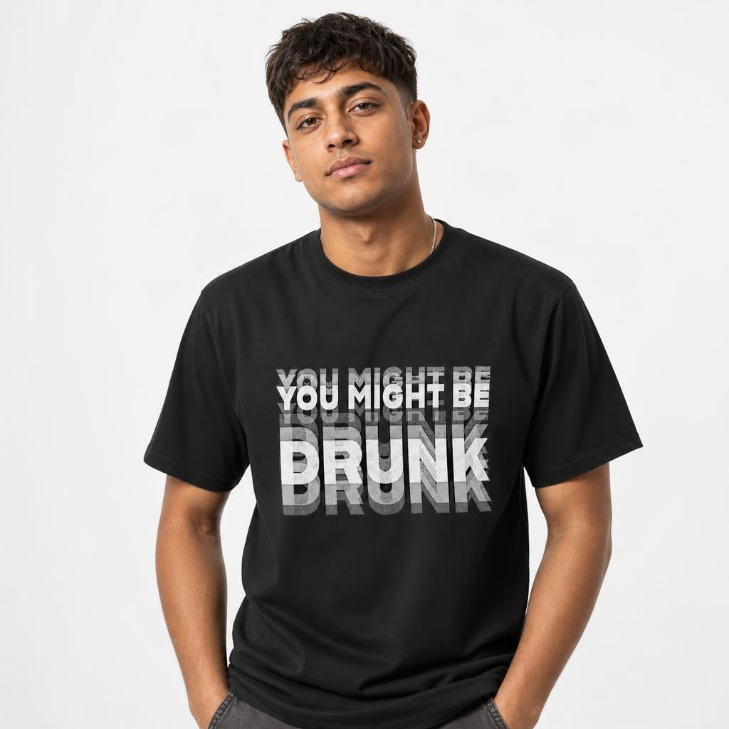 Model wearing a black T-shirt with bold distressed typography reading “YOU MIGHT BE DRUNK” in layered grey and white lettering.