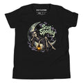 Black T-shirt with a hooded skeleton sitting on a crescent moon, holding a glowing lantern beneath dripping “Stay Spooky” lettering.