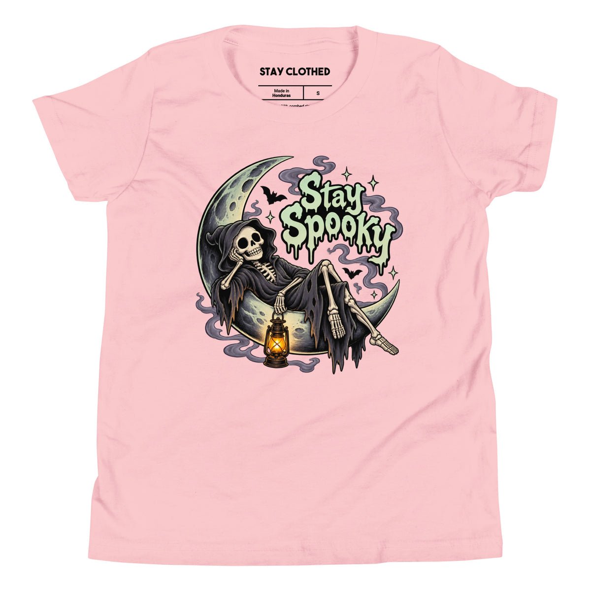 Pink T-shirt with “Stay Spooky” lettering, a hooded skeleton on a crescent moon holding a lantern, with bats and stars