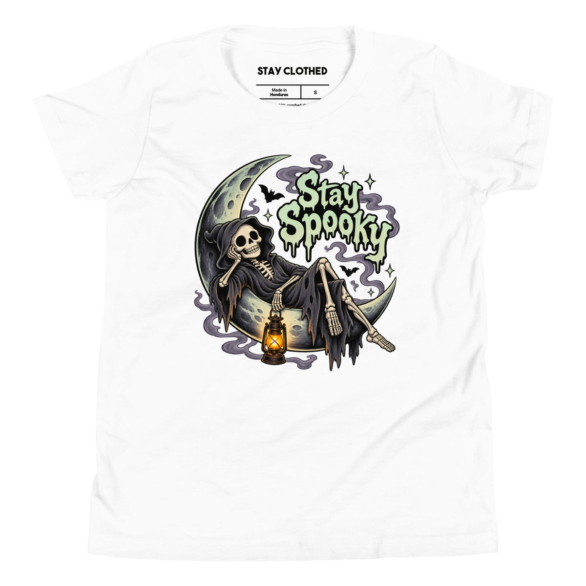 White T-shirt with “Stay Spooky” lettering, a hooded skeleton on a crescent moon holding a lantern, bats and stars