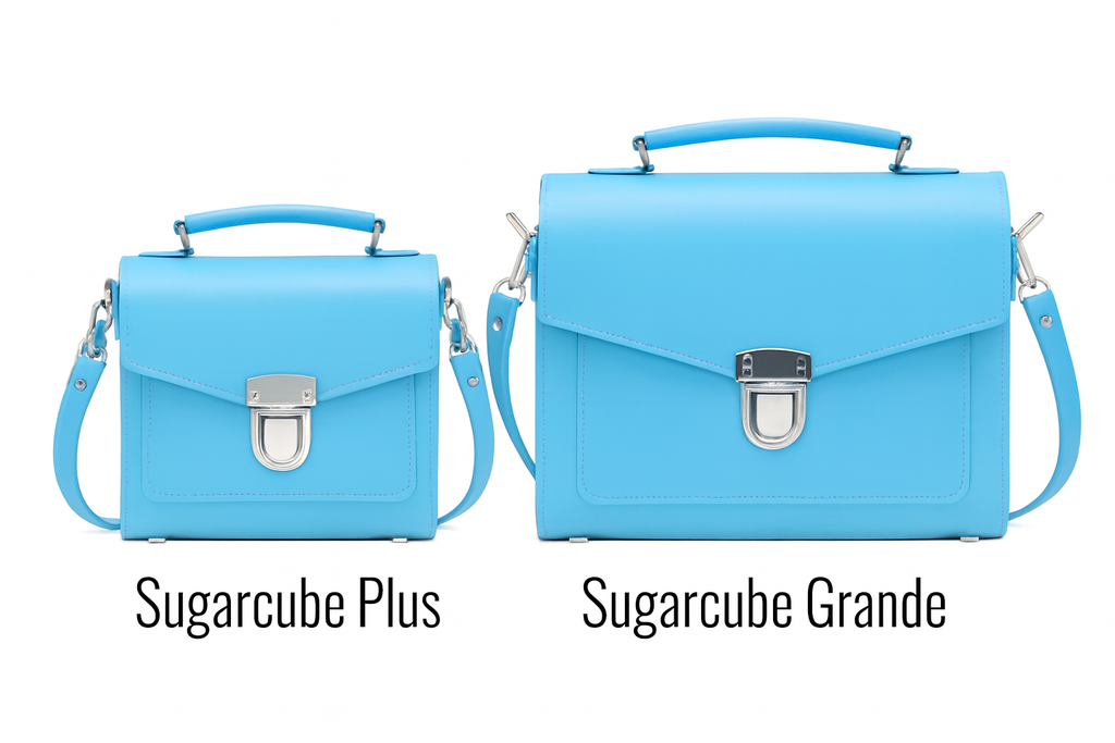 Zatchels Pastel Baby Blue Sugarcube handbag size guide view