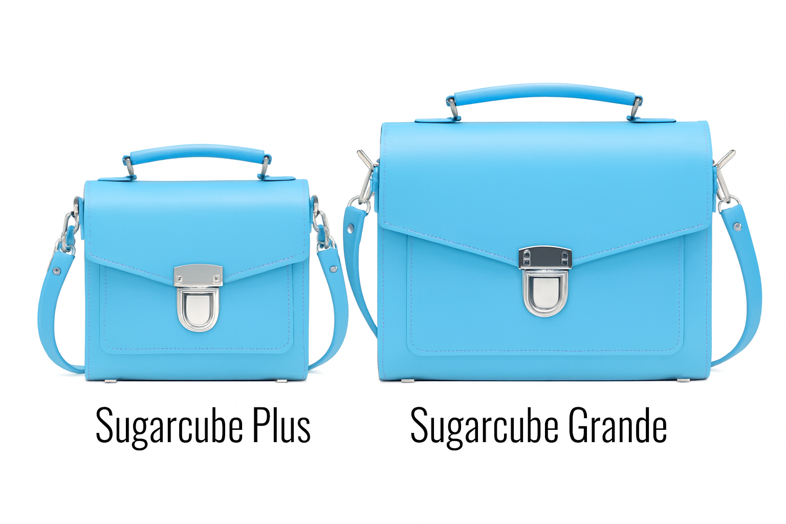Zatchels Pastel Baby Blue Sugarcube handbag size guide view